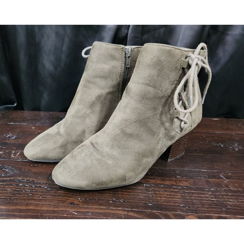 EUC Soda Green Faux Suede Lace Detail Ankle Zip Booties/Sz. 8